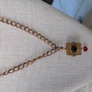 Vintage Gold & Red  Locket Pendant Necklace, 24" Chain, Antiqued, Crystal, Boxed